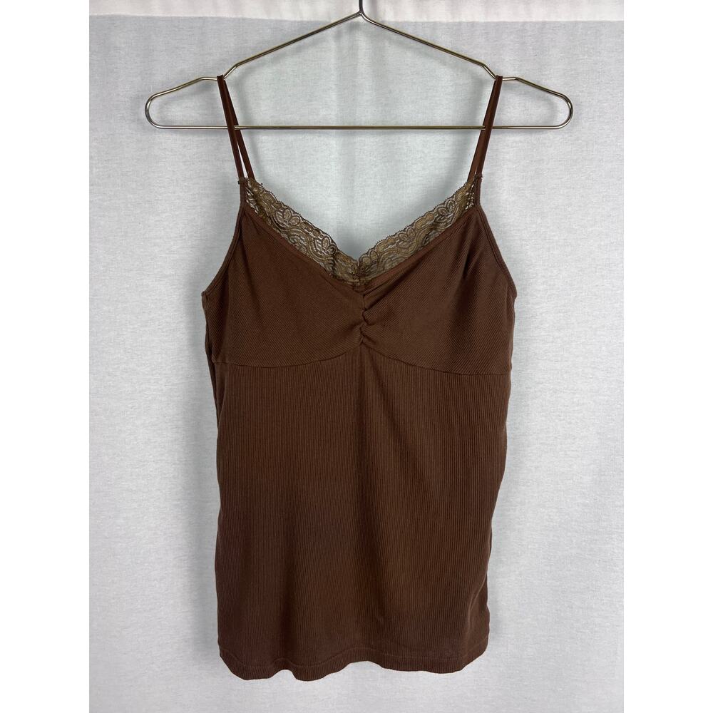 ⭐️ VTG Y2K No Boundaries Cami Top Babydoll Lace Trim Brown Forest Fairy Grunge